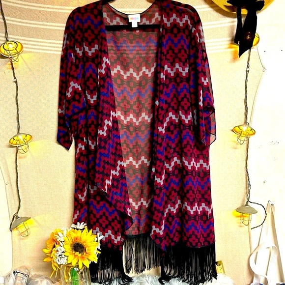 LuLaRoe Other - LuLaRoe Womens Size L Marion/blue/black zig zag ‘Monroe’ Kimono Fringe Cover-Up